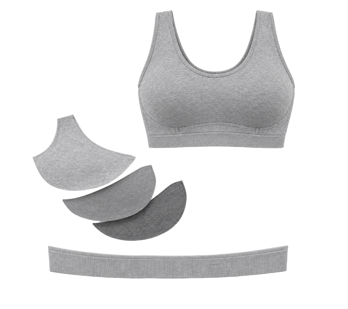 Exploded view of the Cotton Bralette showing the cup, the internal layer stack and the underband