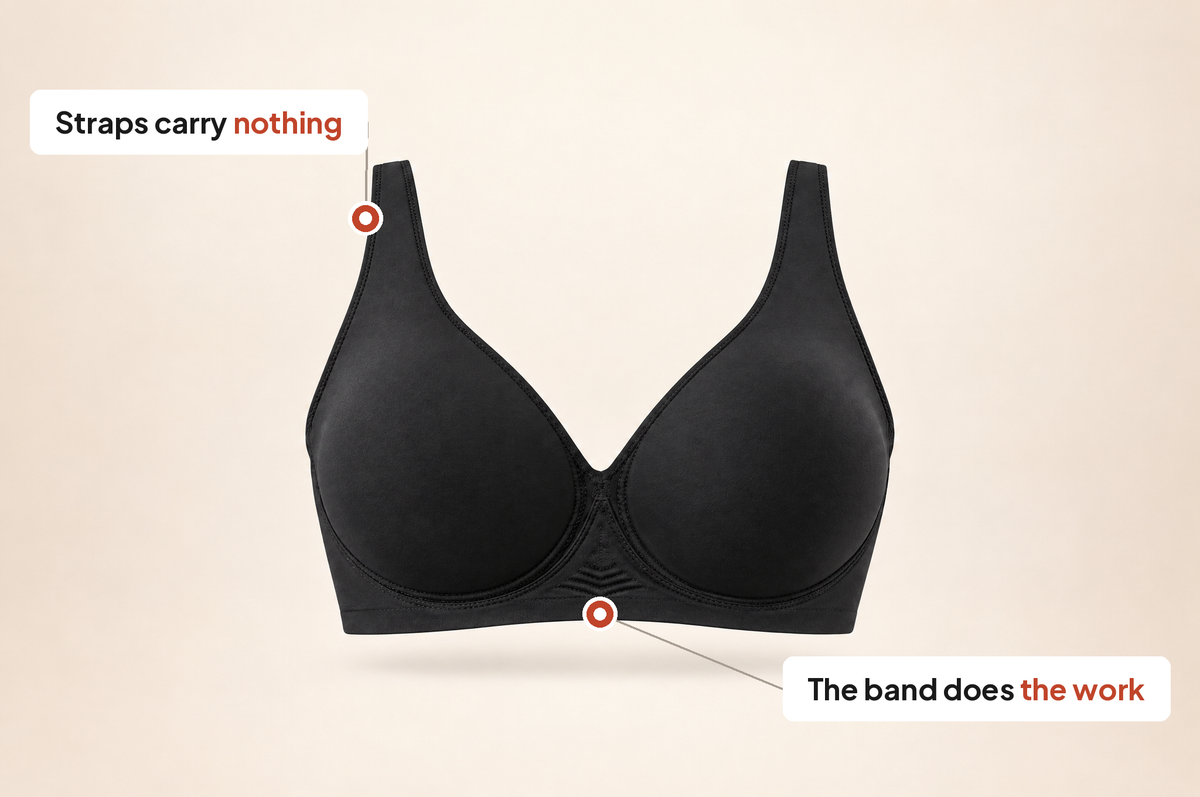 Front view of the Leveawear Plunge Bra with callouts on the strap and the underband