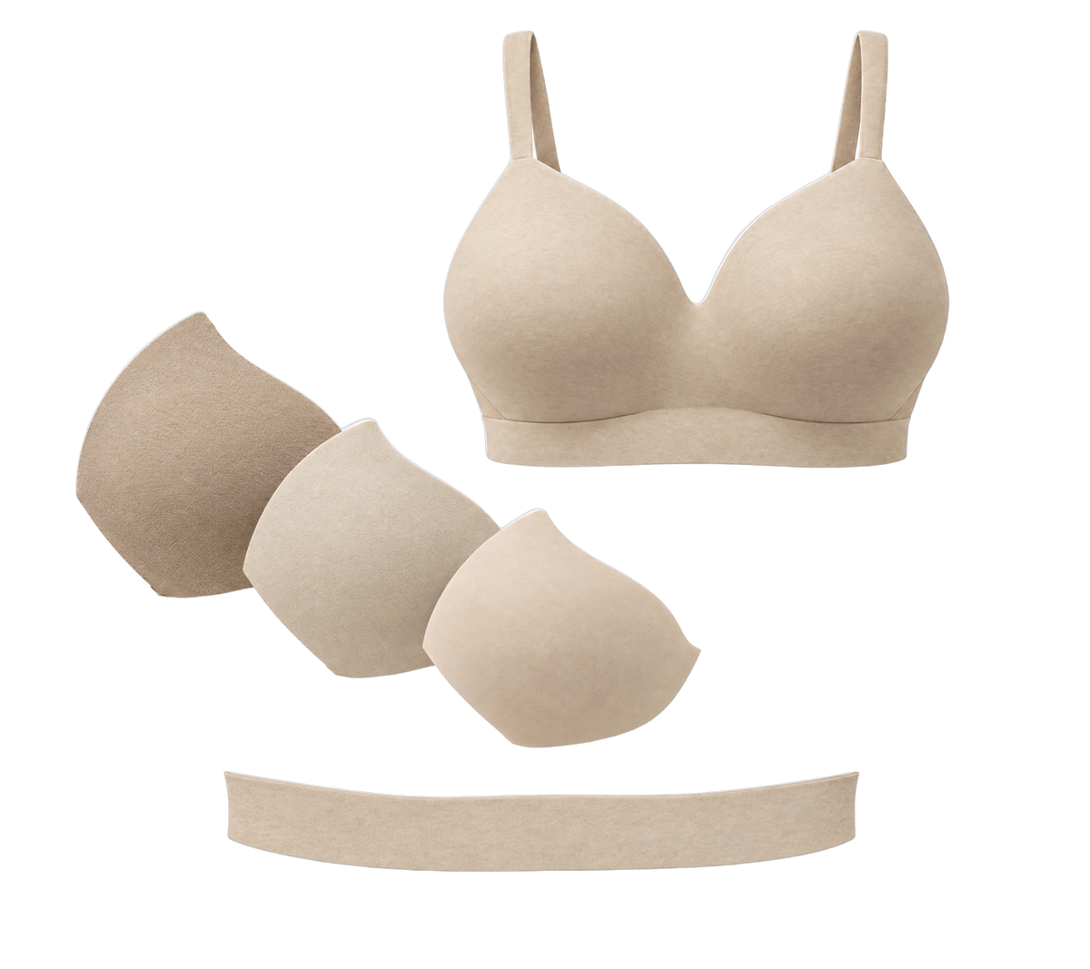 Exploded view of the Shaping Bra showing the cup, the internal layer stack and the underband