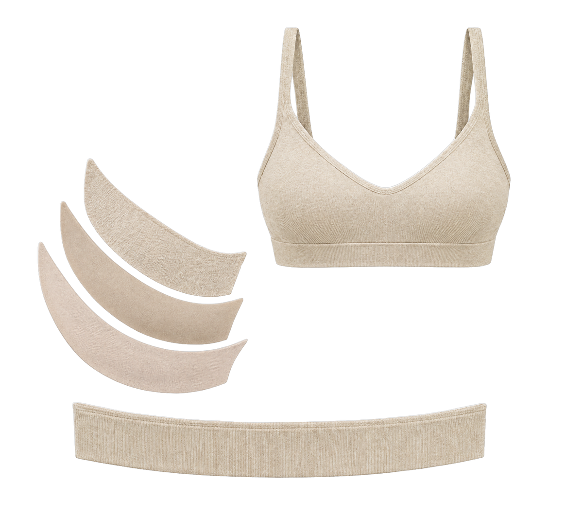 Exploded view of the Throw-On Bralette showing the cup, the internal layer stack and the band