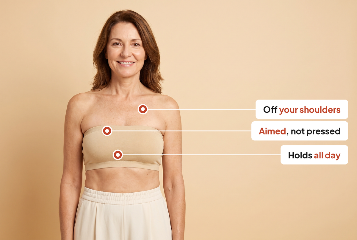 A woman wearing the Leveawear Bandeau Bra with callouts on the top edge, the front panel and the band