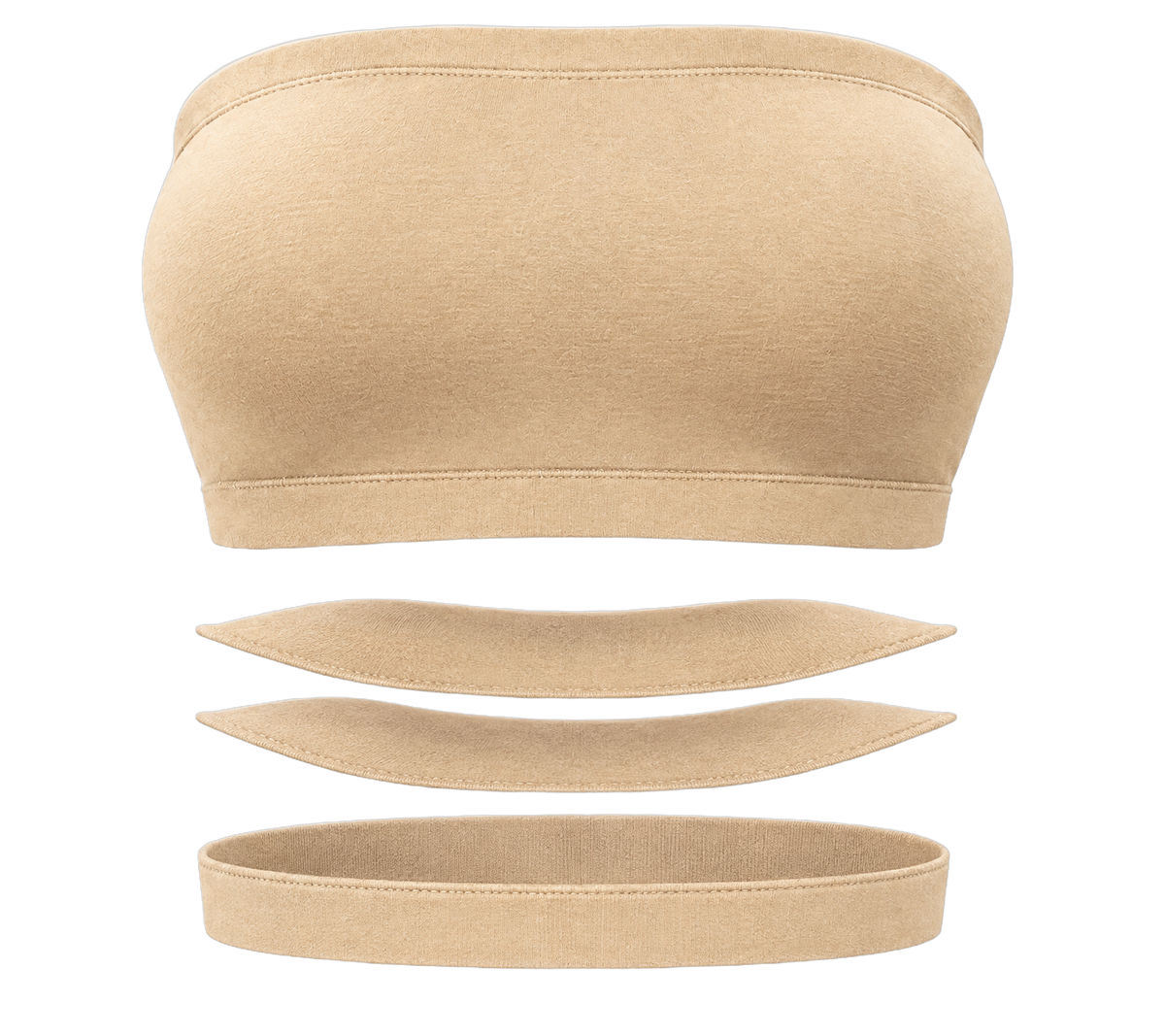 Exploded view of the Bandeau Bra showing the front panel, the internal layer stack and the anchoring underband