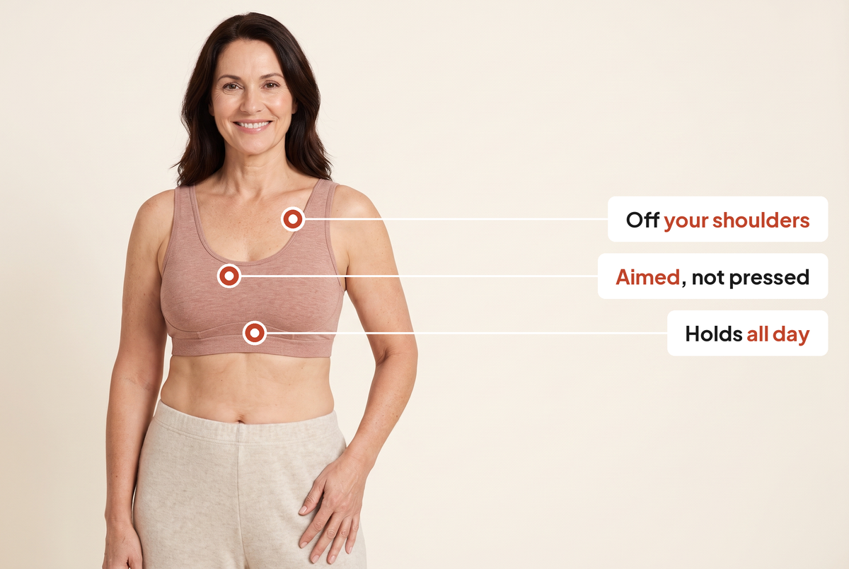 A woman wearing the Leveawear Cotton Bralette with callouts on the strap, the cup and the underband