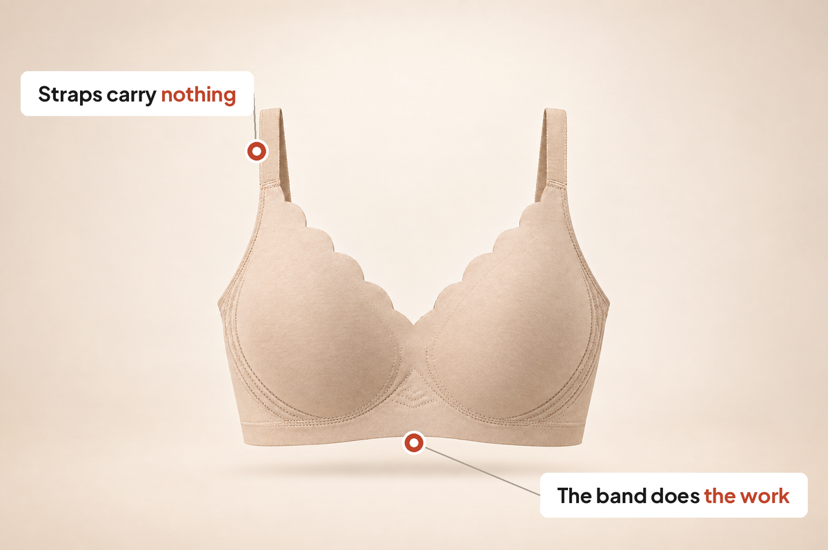 Front view of the Leveawear bra with callouts on the straps and the underband