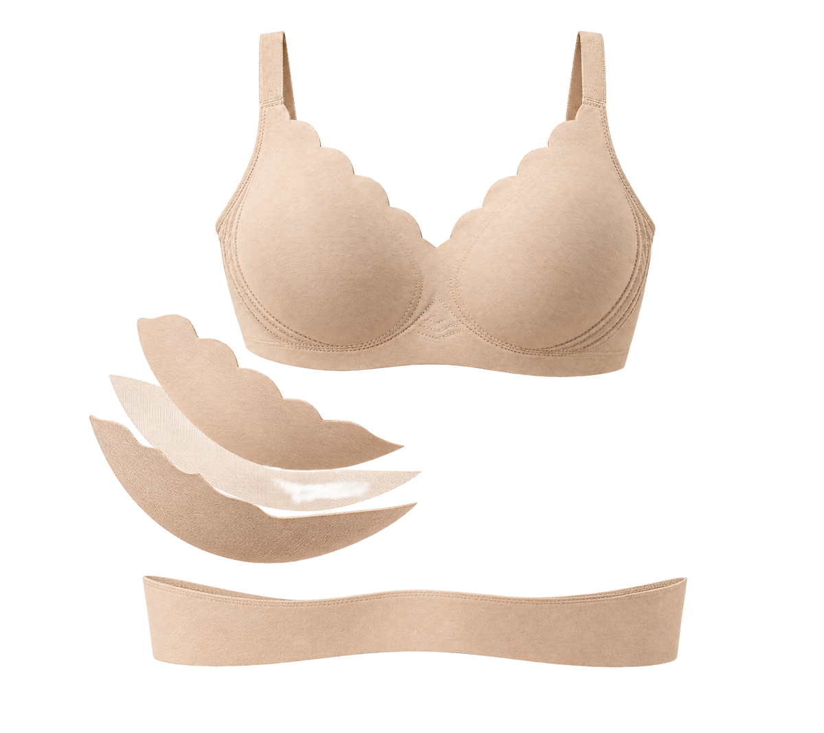 Exploded view of the bra showing the cup, the engineered layer stack and the anchoring underband, on a transparent background