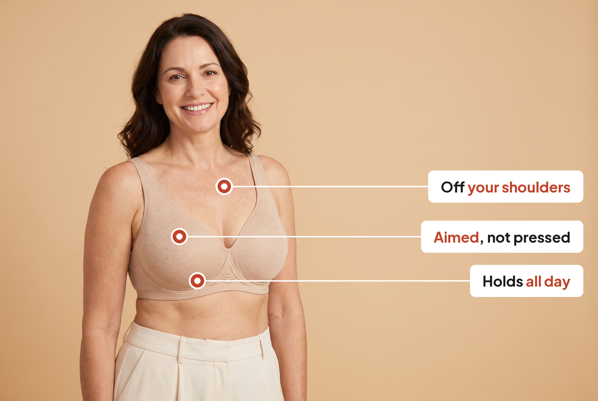 A woman wearing the Leveawear Plunge Bra with callouts on the strap, the cup and the underband