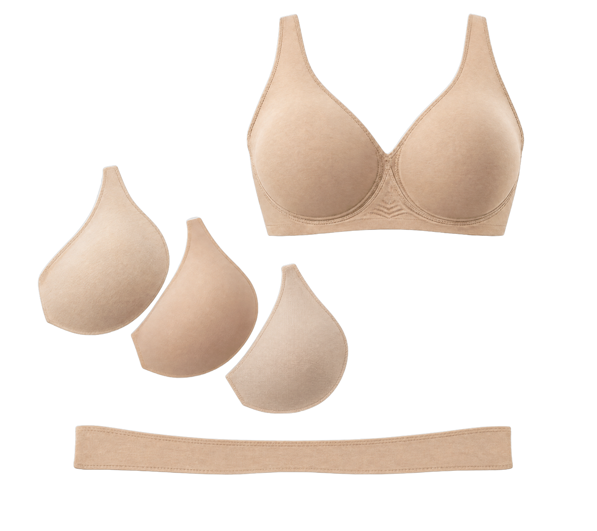 Exploded view of the Plunge Bra showing the cup, the internal layer stack and the underband