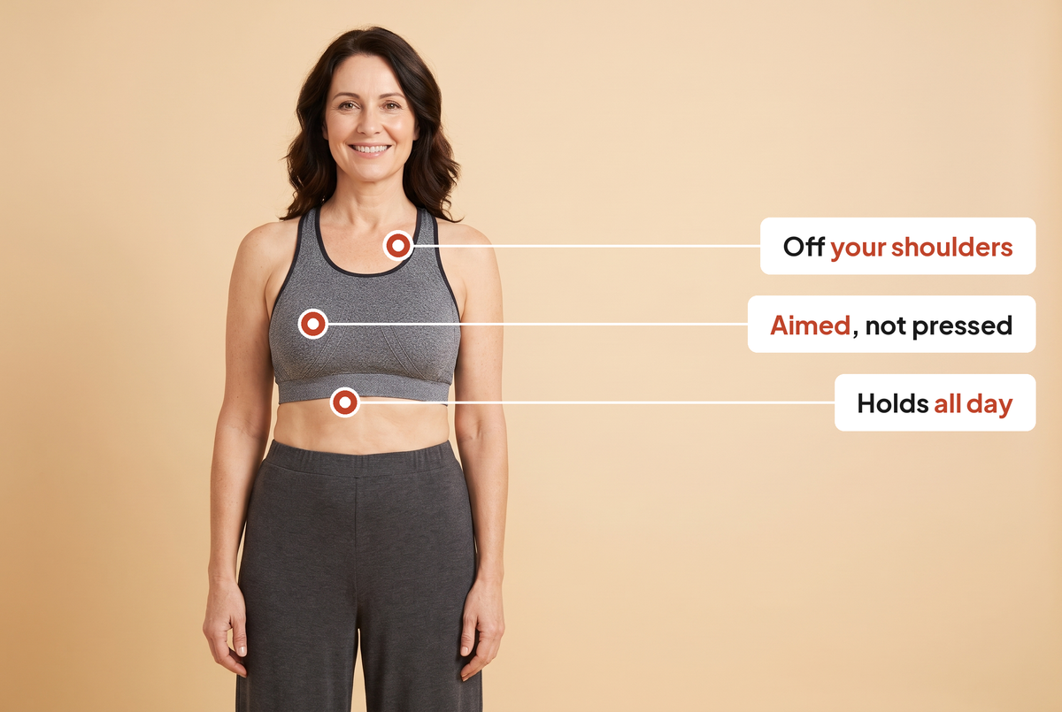 A woman wearing the Leveawear Sports Bra with callouts on the strap, the cup and the underband