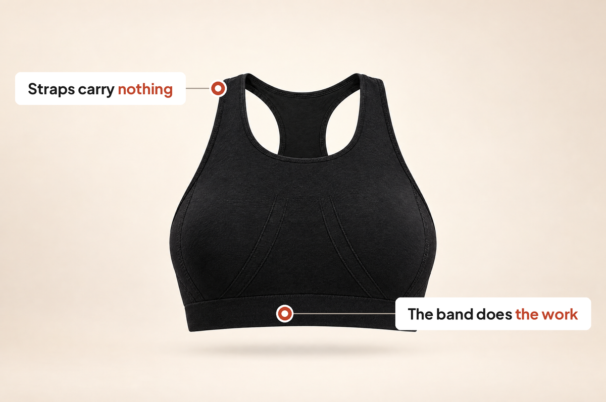 Front view of the Leveawear Sports Bra with callouts on the straps and the underband