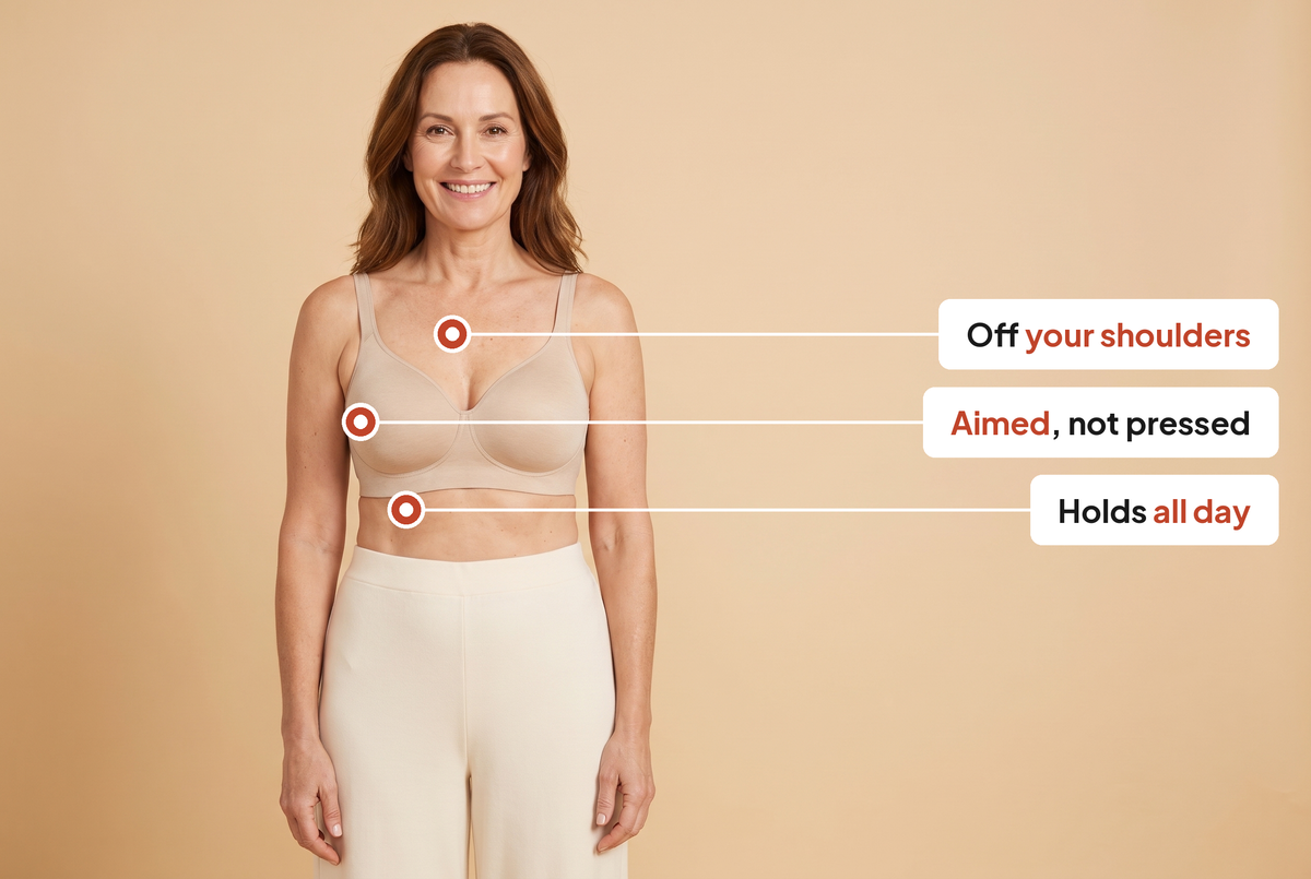 A woman wearing the Leveawear T-Shirt Bra with callouts on the strap, the cup and the underband