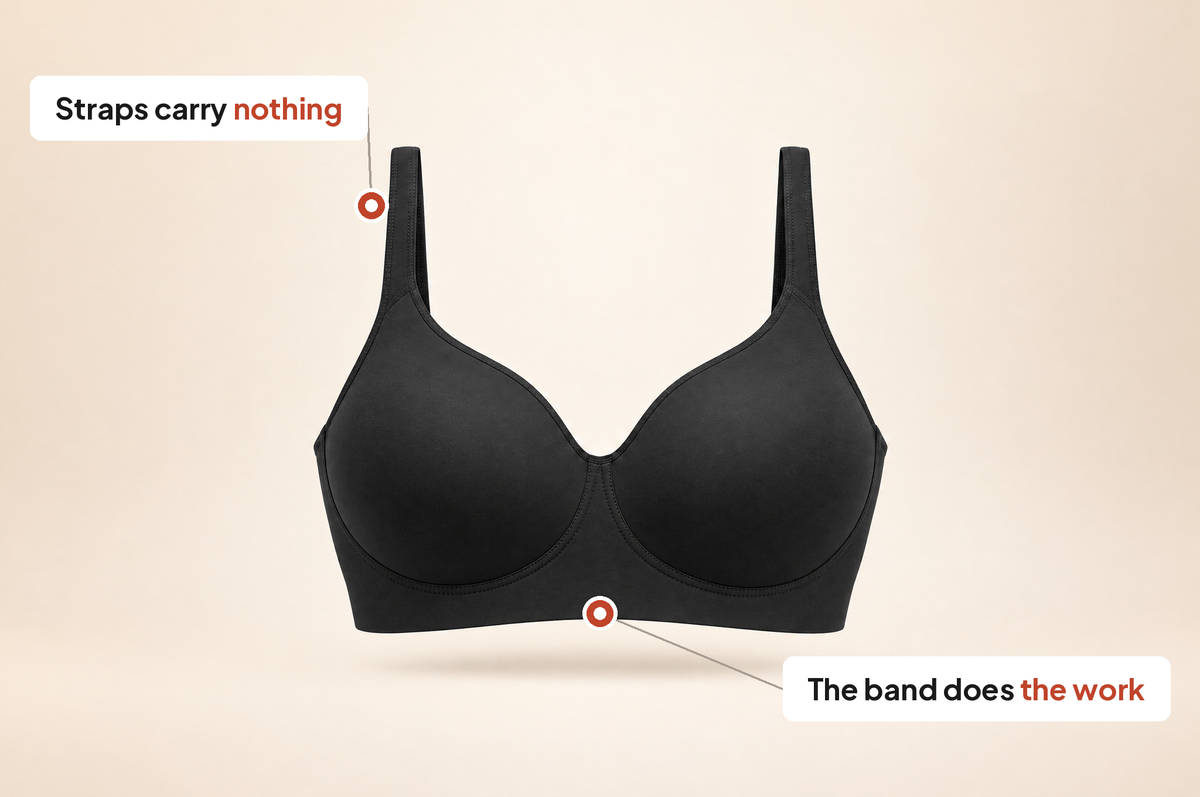 Front view of the Leveawear T-Shirt Bra with callouts on the strap and the underband